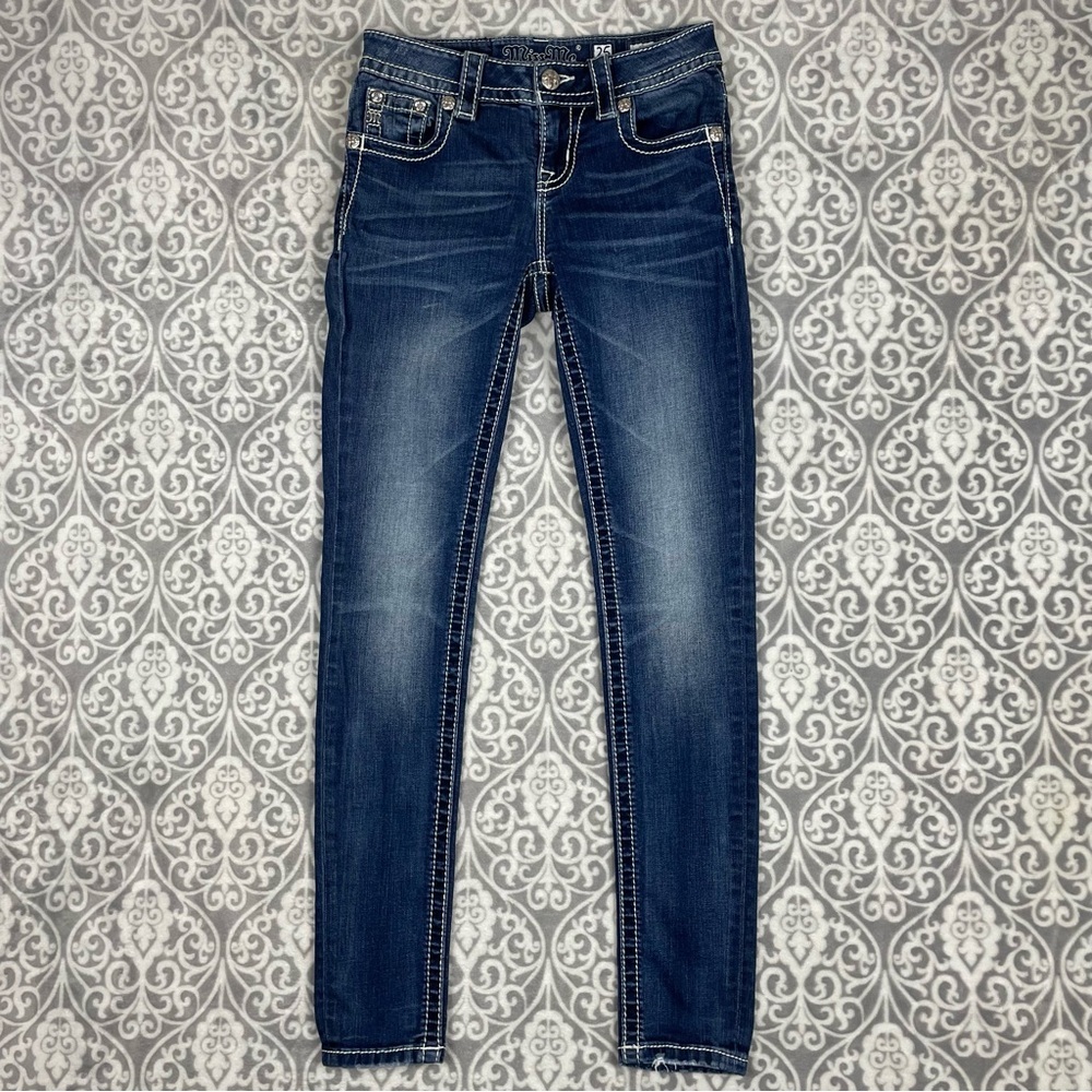 miss me skinny jeans thick stitch dark wash mid rise rhinestones women's 25"x28"